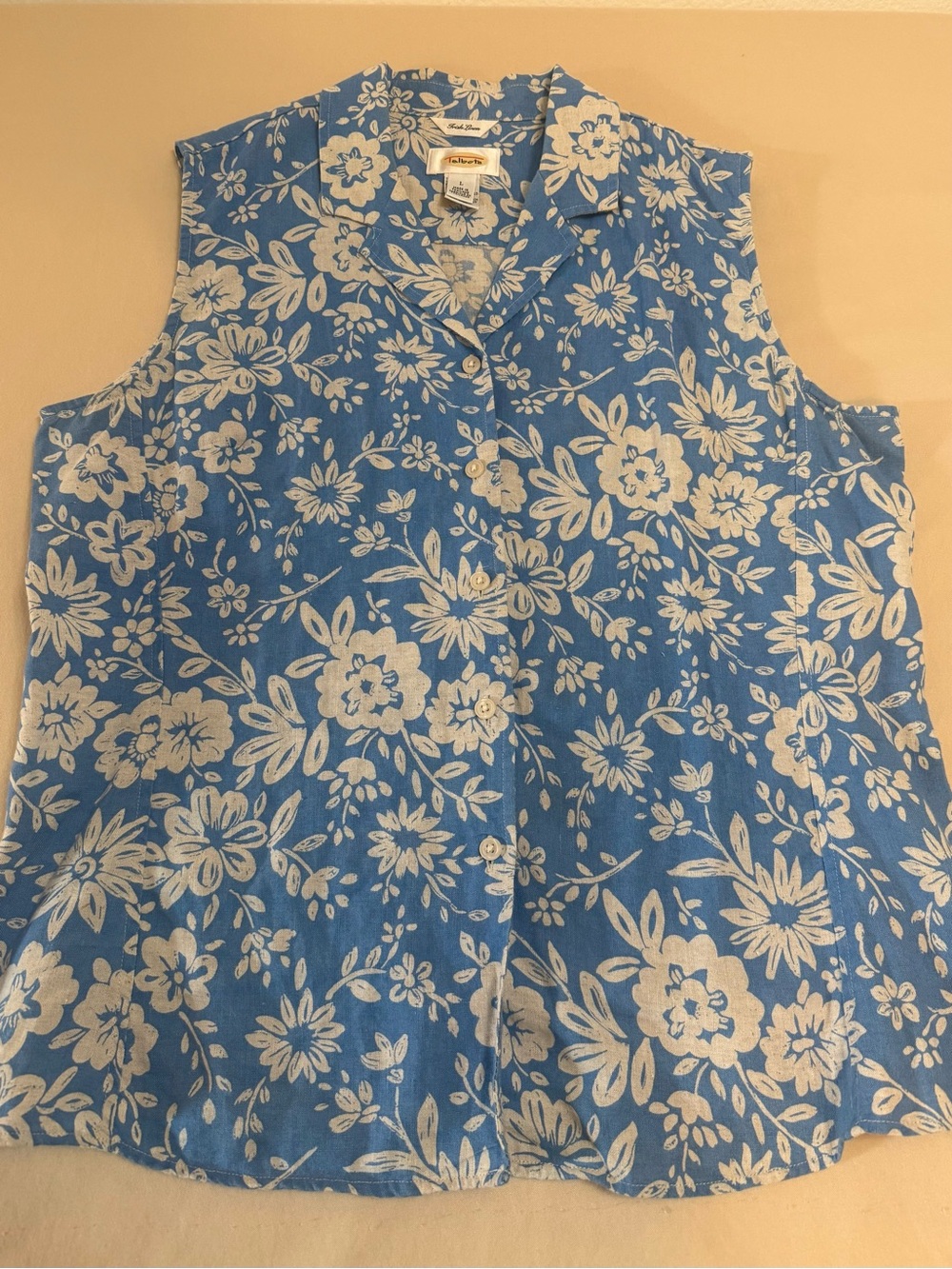 Talbots 100% Linen Floral Tank Blouse Size L Blue White